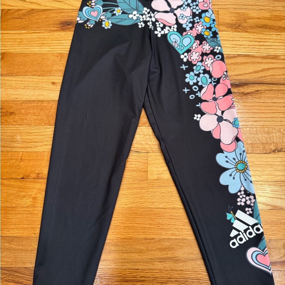 Adidas Kids Black Leggings with Colorful Floral Accents